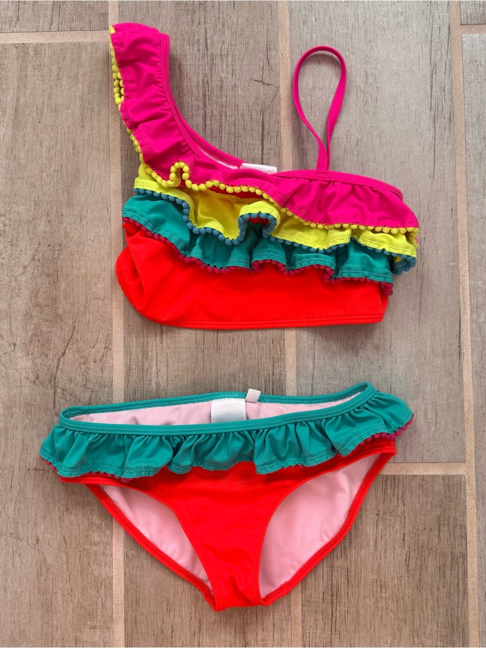 Mini Boden Girls' Bright Multicolor Ruffle Bikini - Hot Pink, Red, Teal, Yellow